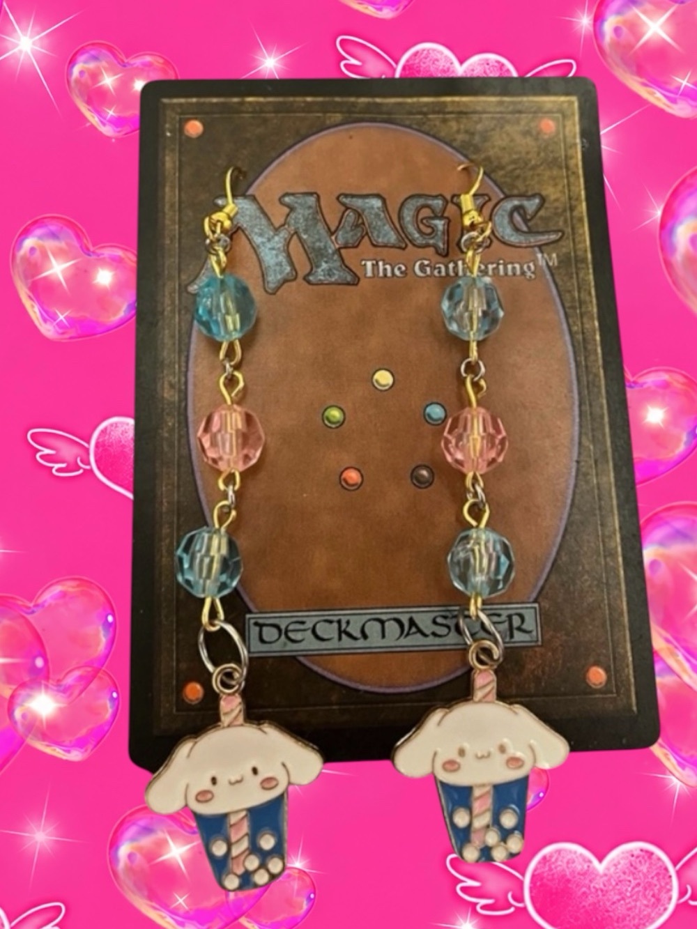 Cute Kawaii Cup  Cinamaroll Character Dangle Earrings - Pink & Blue Beads